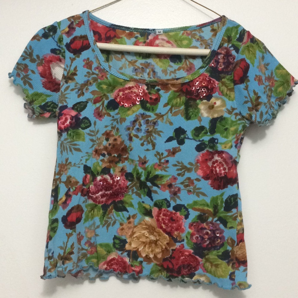 Blue floral sequin top
